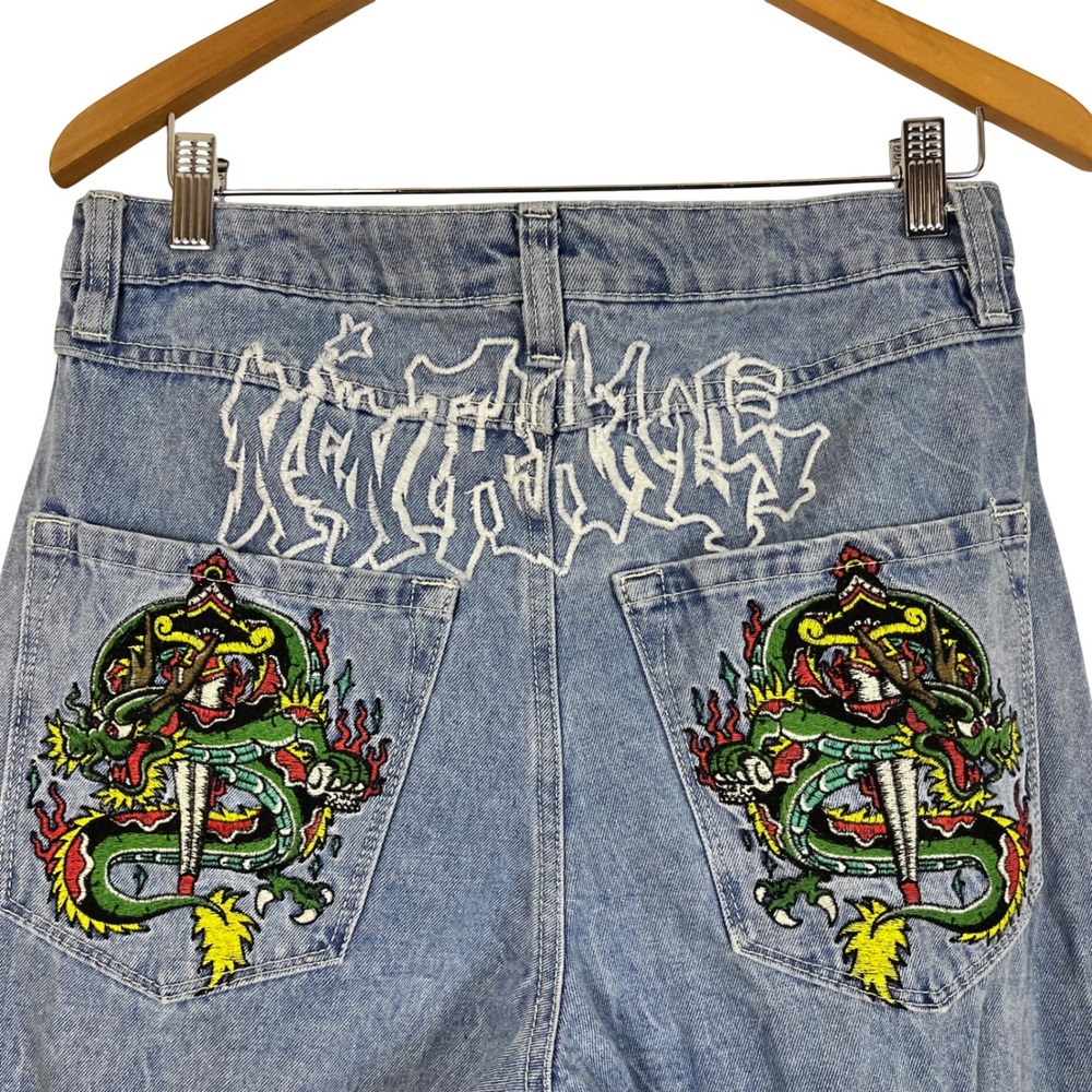 Ambush Embroidered Dragon Graffiti Baggy Jeans Blue Acid Wash Size‎ 30 (P740) - Picture 4 of 9